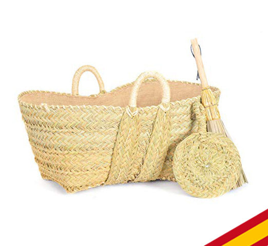 Leñero de esparto forrado de arpillera, yute. REGALO: escobilla y aventador (60X43X28) 7149-Mediana. Hecho en España por Cesteria Aparici