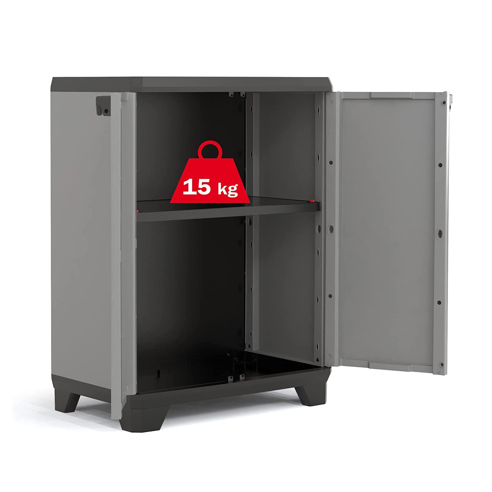 Peso soportado del estante del Armario Bajo Keter Stilo para almacenaje de 1 Balda Color Gris Oscuro, Negro y Rojo. Dimensiones 68 x 39 x 90 cm