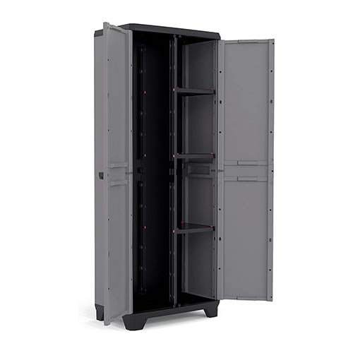 Armario escobero Keter Stilo con las puertas abiertas de 3 estantes