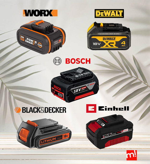 Exposición de las más importantes baterías de herramientas eléctricas de las marcas: Worx, Bosch, Black+Decker, DeWalt, y Enhell. 1x1