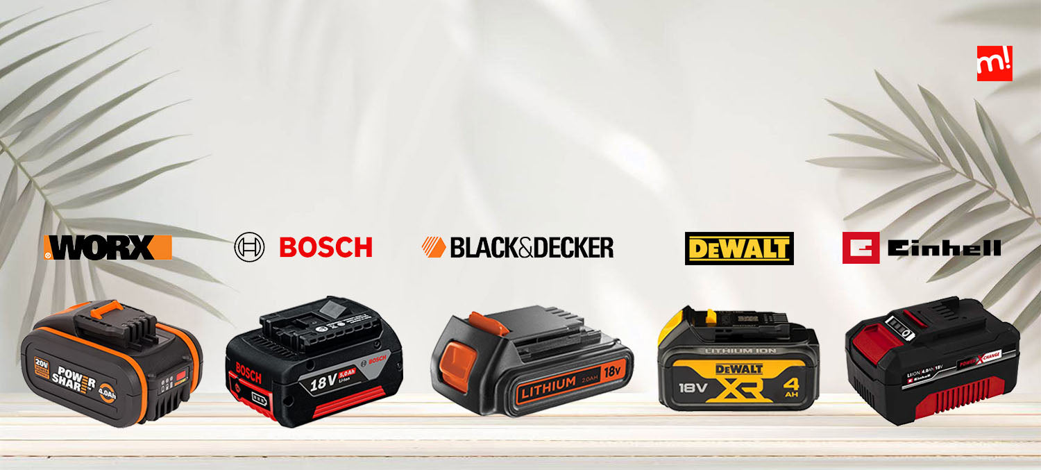 Exposición de las más importantes baterías de herramientas eléctricas de las marcas: Worx, Bosch, Black+Decker, DeWalt, y Enhell