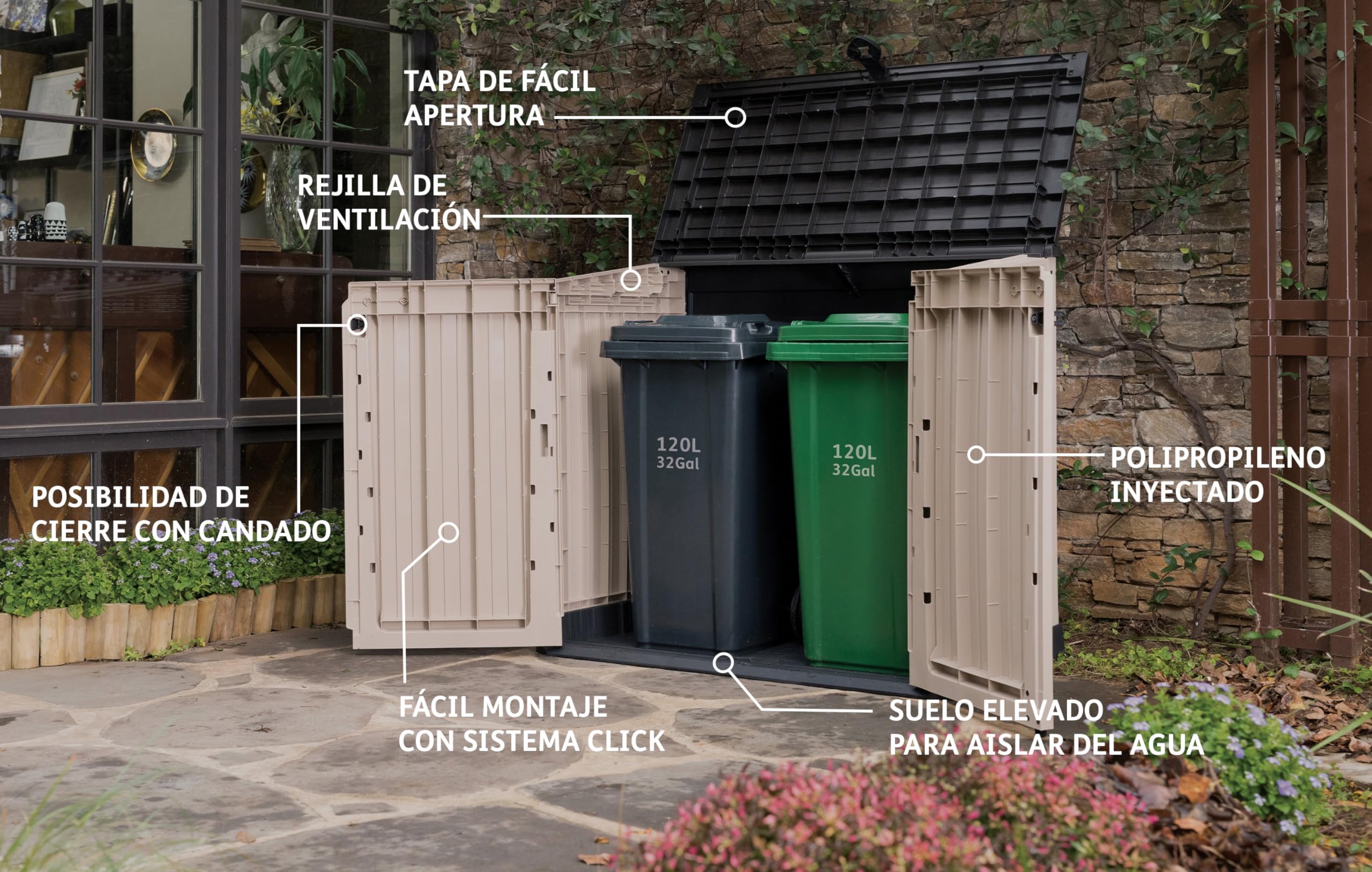 Descripción y detalles del Cobertizo de jardín exterior Store It out Midi 880 litros, topo/beige. Resistencia al agua. Keter | maxjardin