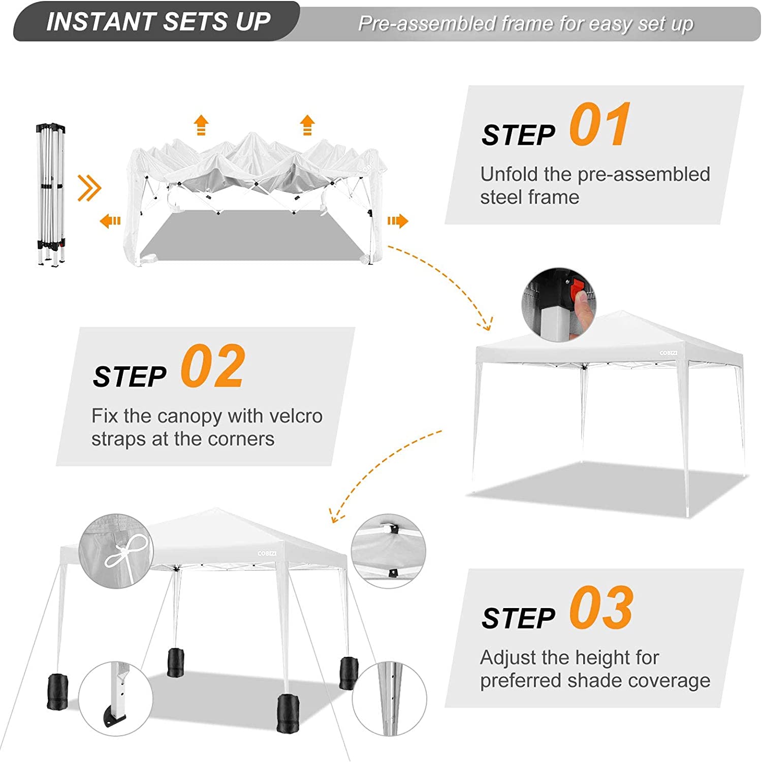 Secuencia de montaje en 3 pasos de la Carpa cenador3x3m Plegable Impermeable 4 Paredes, Protección UV 50+, Ajustable en Altura. Modelo en color azul. COBIZI