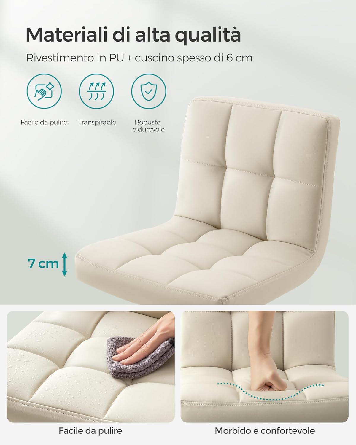 2 Taburetes beige altos de cocina con respaldo y Reposapiés, Regulables en Altura en Piel Sintética, Giratorio 360°, Acero Cromado. Detalle de calidad de materiales SONGMICS