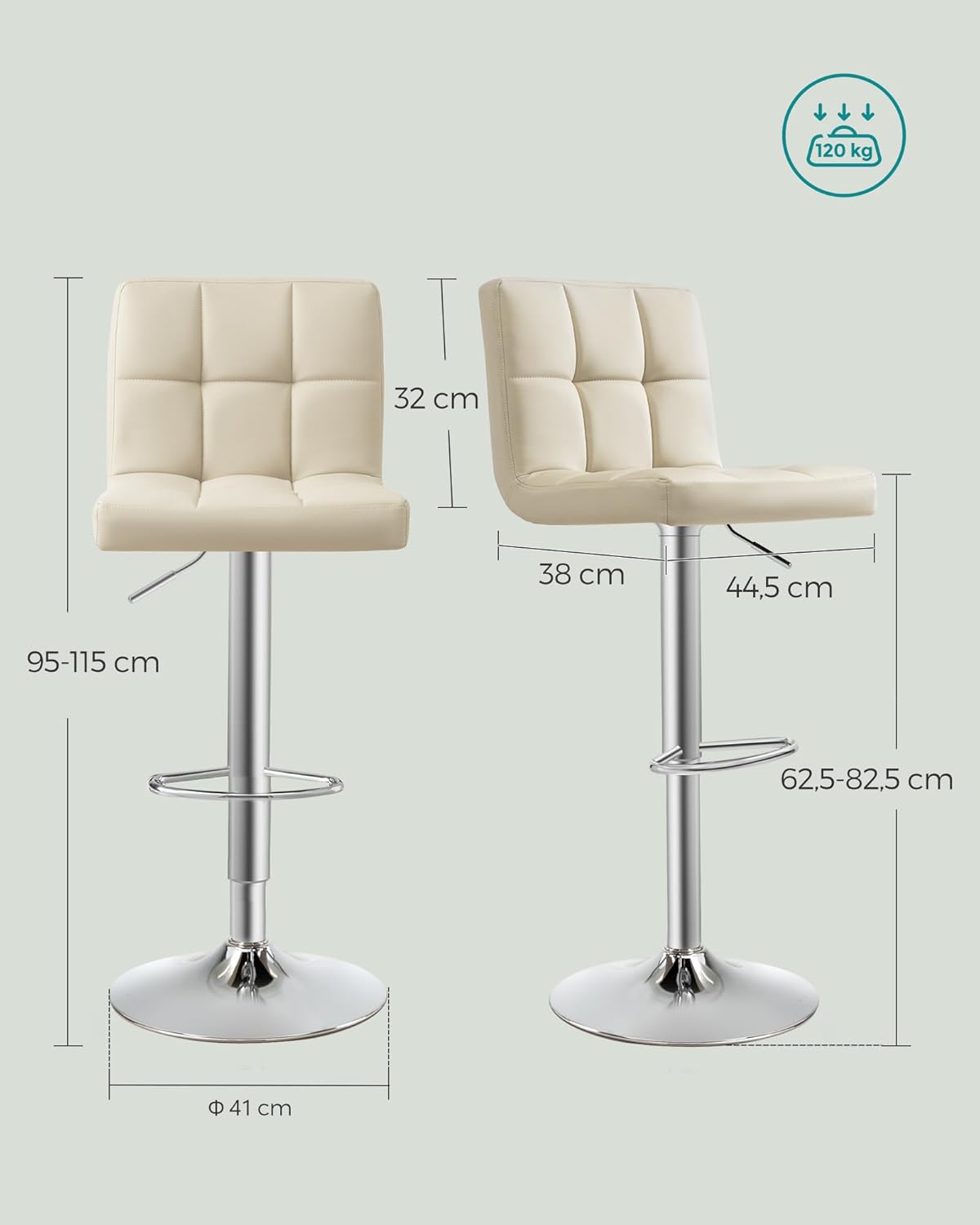 2 Taburetes beige altos de cocina con respaldo y Reposapiés, Regulables en Altura en Piel Sintética, Giratorio 360°, Acero Cromado. Detalle de medidas SONGMICS