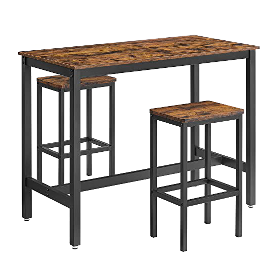Mesa alta con 2 Taburetes de Barra para Desayuno. Barra alta de Cocina con Sillas para Salón, Sala de Fiestas o cocina de estilo Industrial Rústico, Marrón. Vista general. LBT15X. VASAGLE