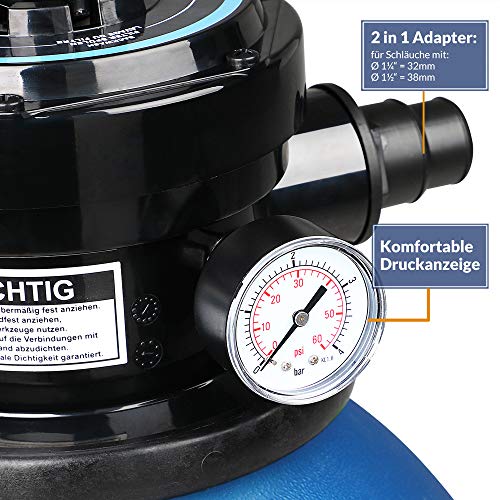 Características de Depuradora 10200 l/h Bomba de Filtro de Arena con válvula con 4 Funciones Filtro de Agua para Piscina. Azul y Negro Monzana| maxjardin
