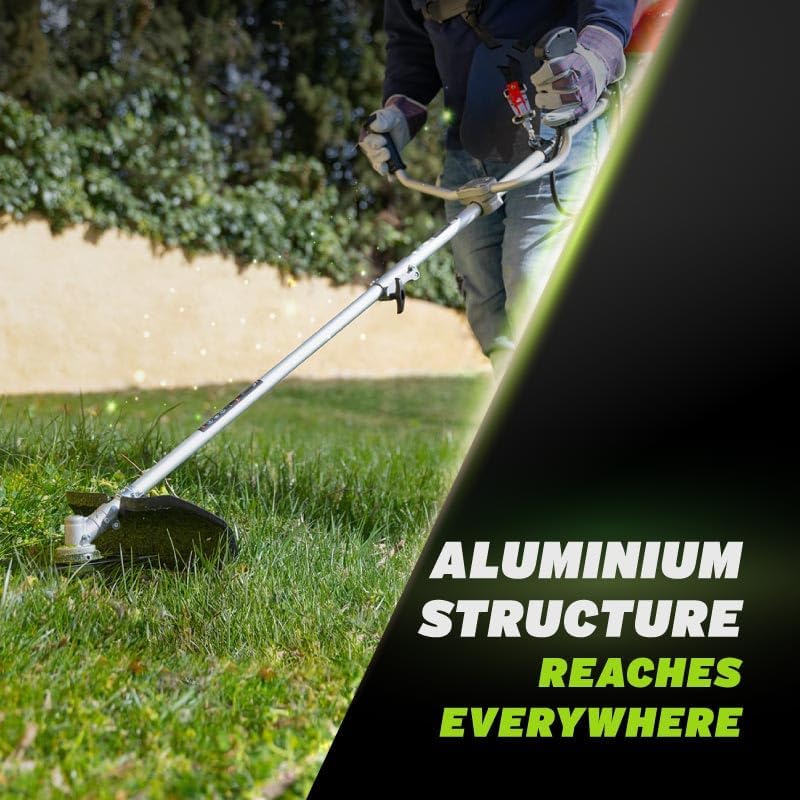 Hombre con Desbrozadora Greencut y detalle de estructura de aluminio en jardín