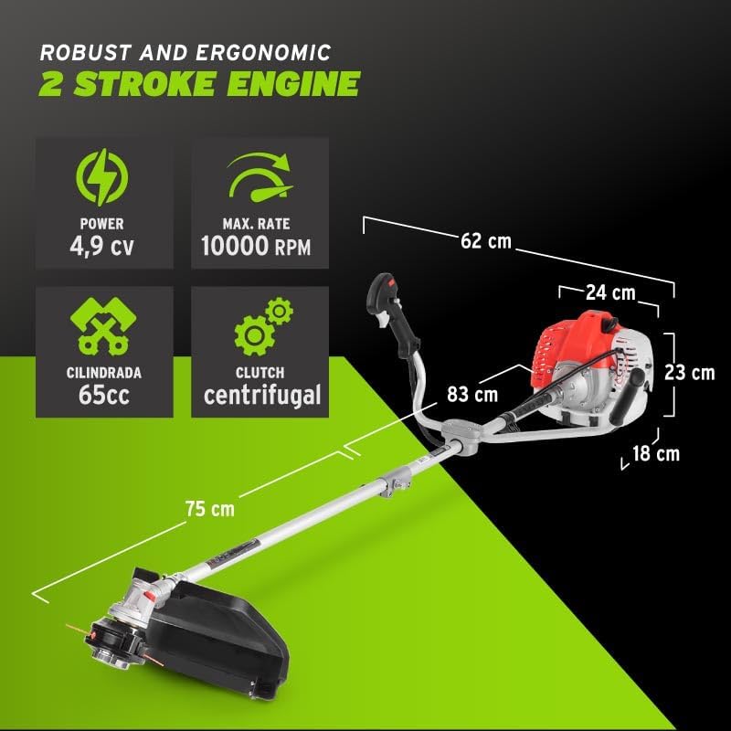 Desbrozadora Greencut con características y medidas sobre fondo verde y negro