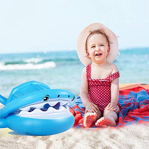 Flotador para Bebé Piscina Tiburón Tabla Hinchable con Inflable Toldo, Barco Inflable Flotador para 6-37 Meses Niños