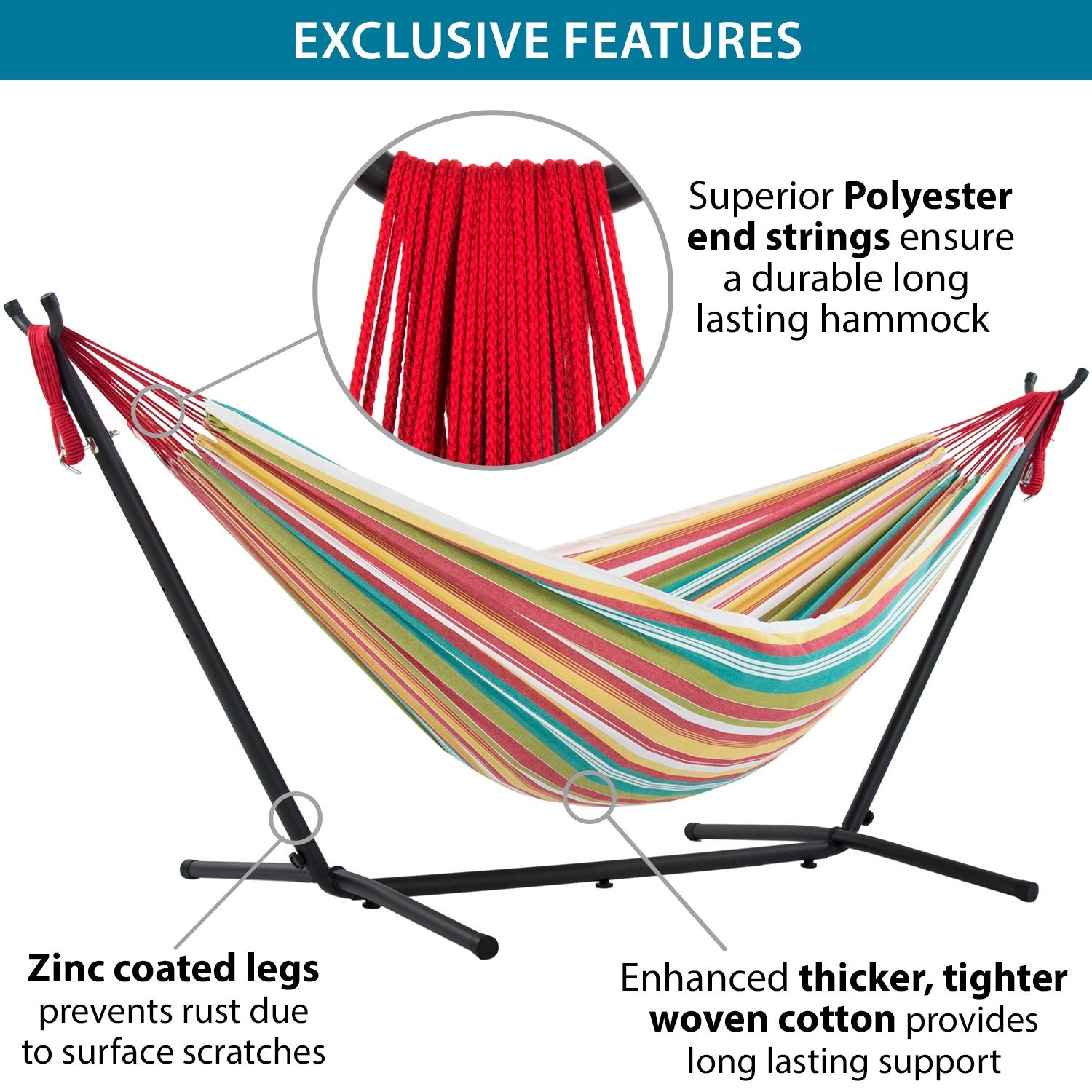 Detales de la hamaca Vivere a rayas de colores con estructura