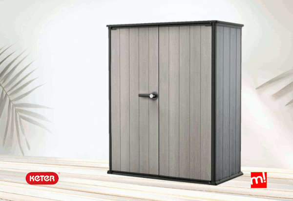 Armario cobertizo exterior para herramientas en movimiento con puertas abiertas y cerradas Keter y MAXJardín