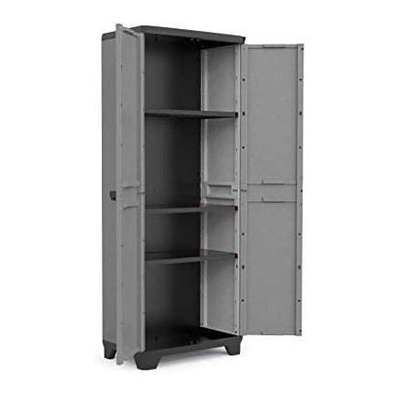 Armario Keter Stilo con 3 baldas gris y negro de 173x68x39 cm con puertas abiertas