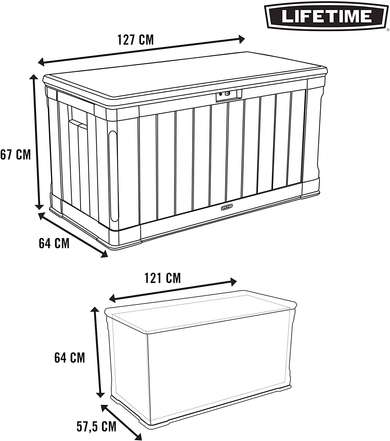 Medidas del Baúl para jardín ultrarresistente 127x64x67 cm UV100 color grafito. LIFETIME