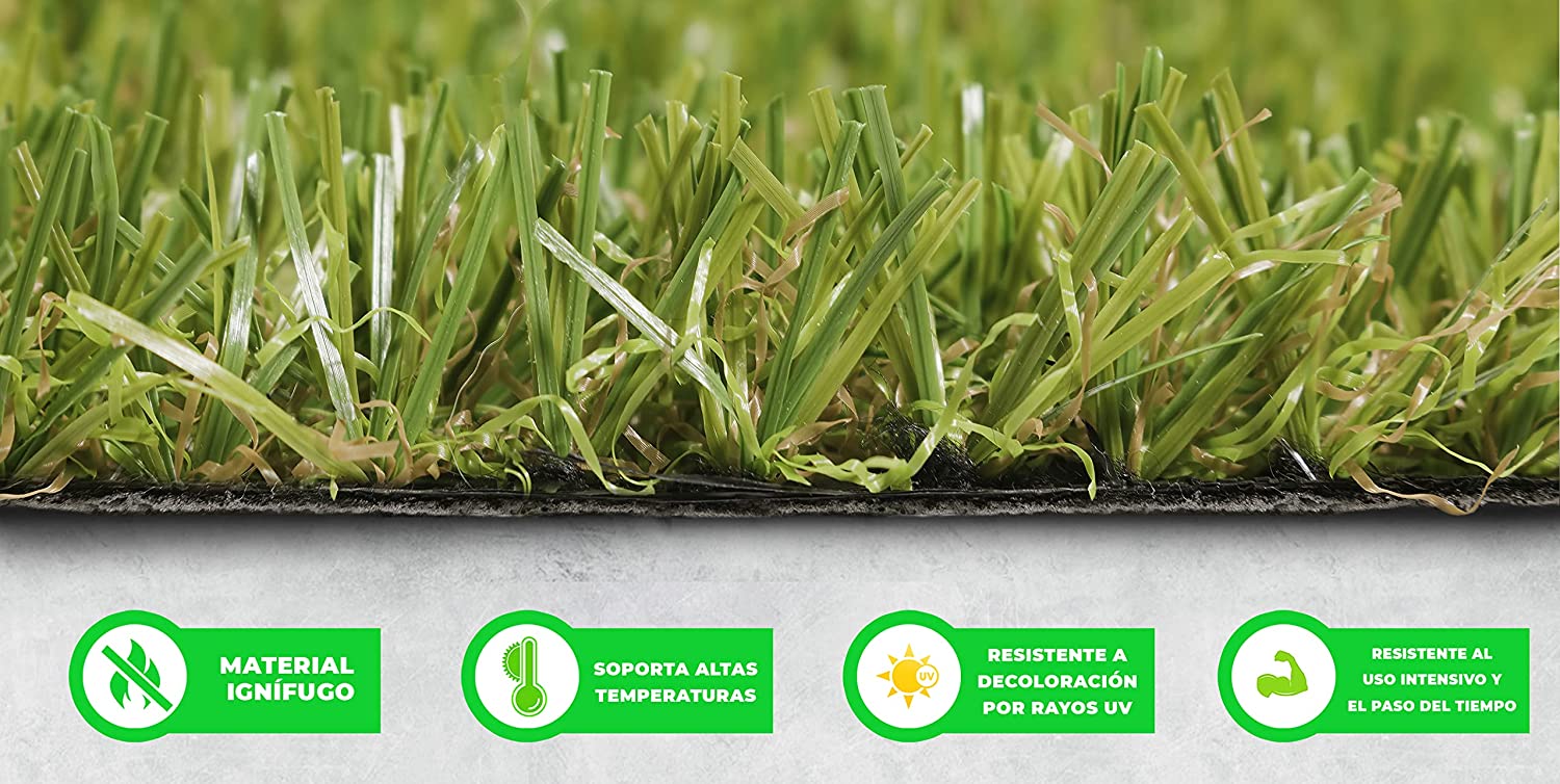 Características y Detalle de perfil del Rollo de Césped artificial 2x4metros GUIMARAS - 20mm de altura - alta densidad - calidad profesional - ideal para exteriores, piscinas, terrazas, jardín, ideal mascotas - fácil instalación. LUCATEX