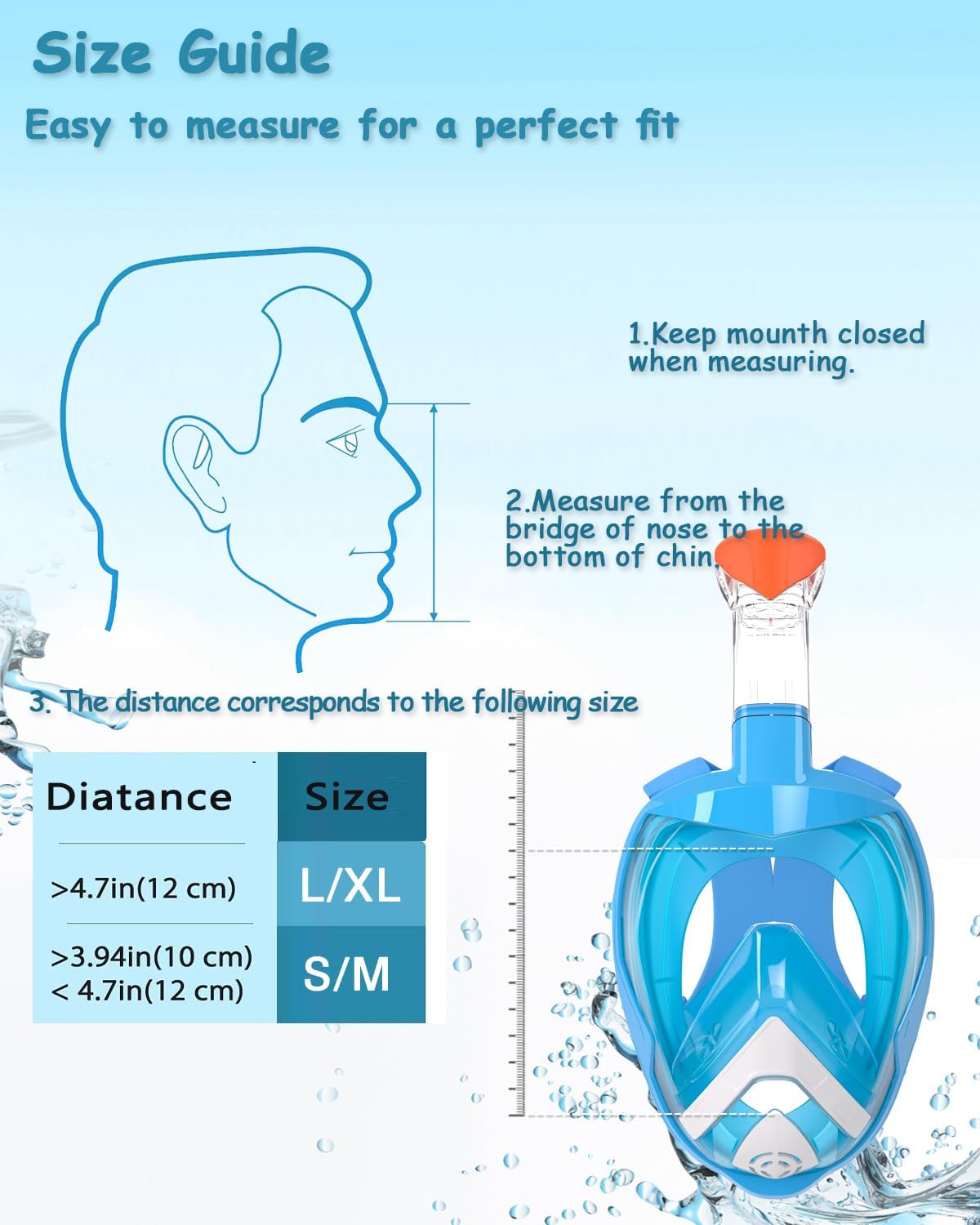 Detalle de tallas de la máscara de buceo y snorkel azul para adultos y niños Flyboo