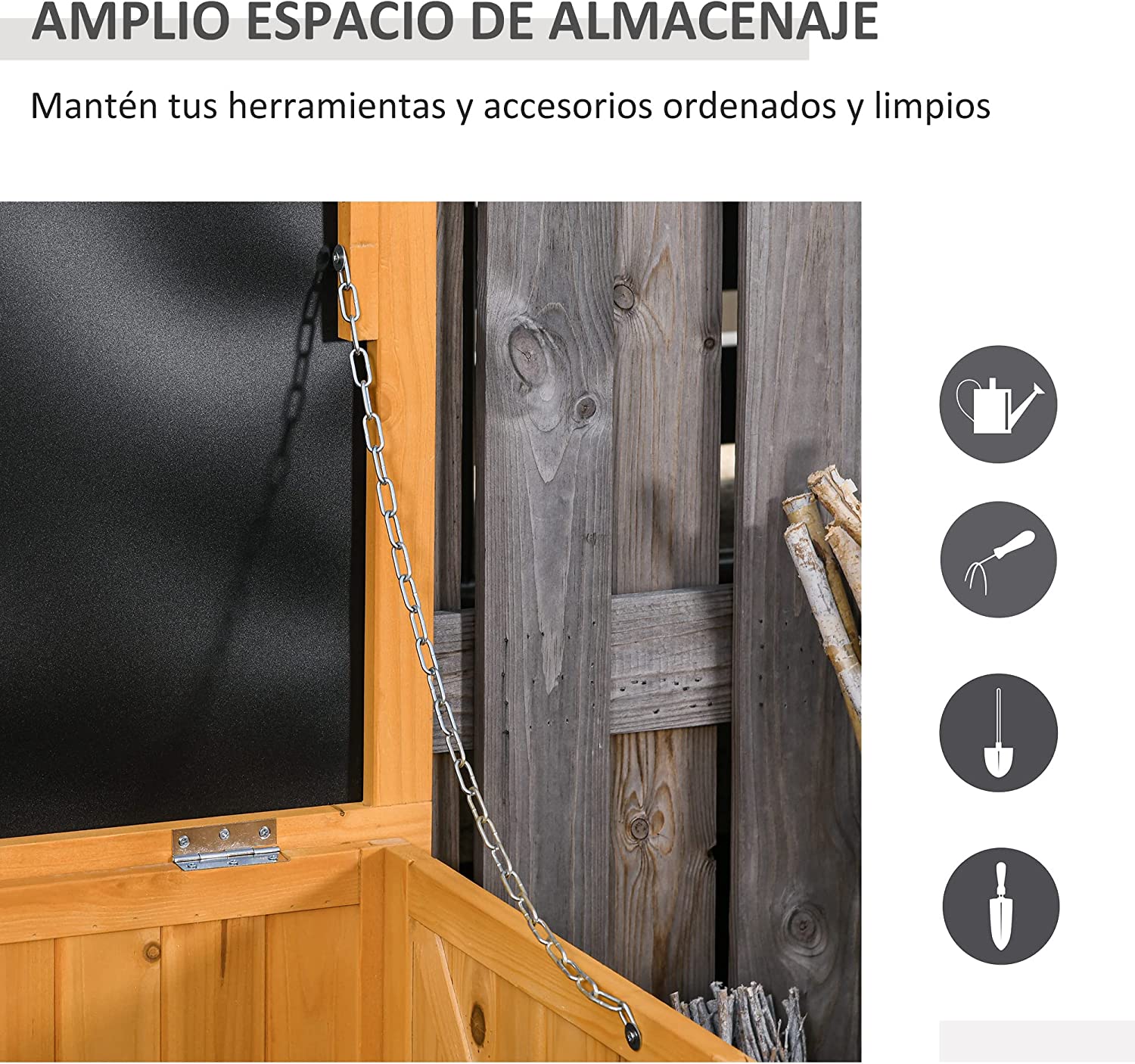 Amplio espacio de almacenaje de la Caja de Almacenamiento de Madera para Exterior con Tapa y Diseño tipo Persiana 127x56x60 cm Color natural. Vista general con tapa abierta. Outsunny