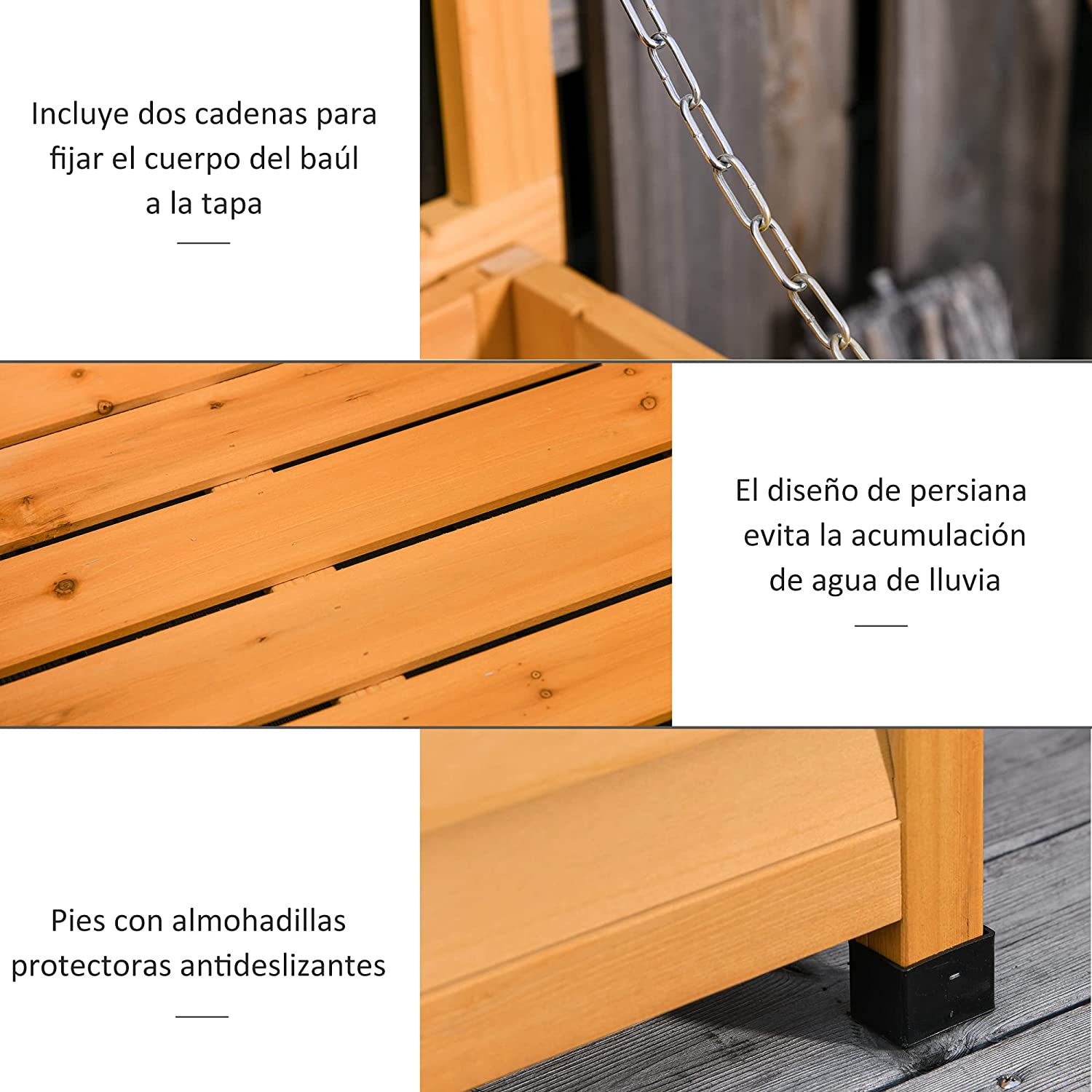 Características de la Caja de Almacenamiento de Madera para Exterior con Tapa y Diseño tipo Persiana 127x56x60 cm Color natural. Vista general con tapa abierta. Outsunny