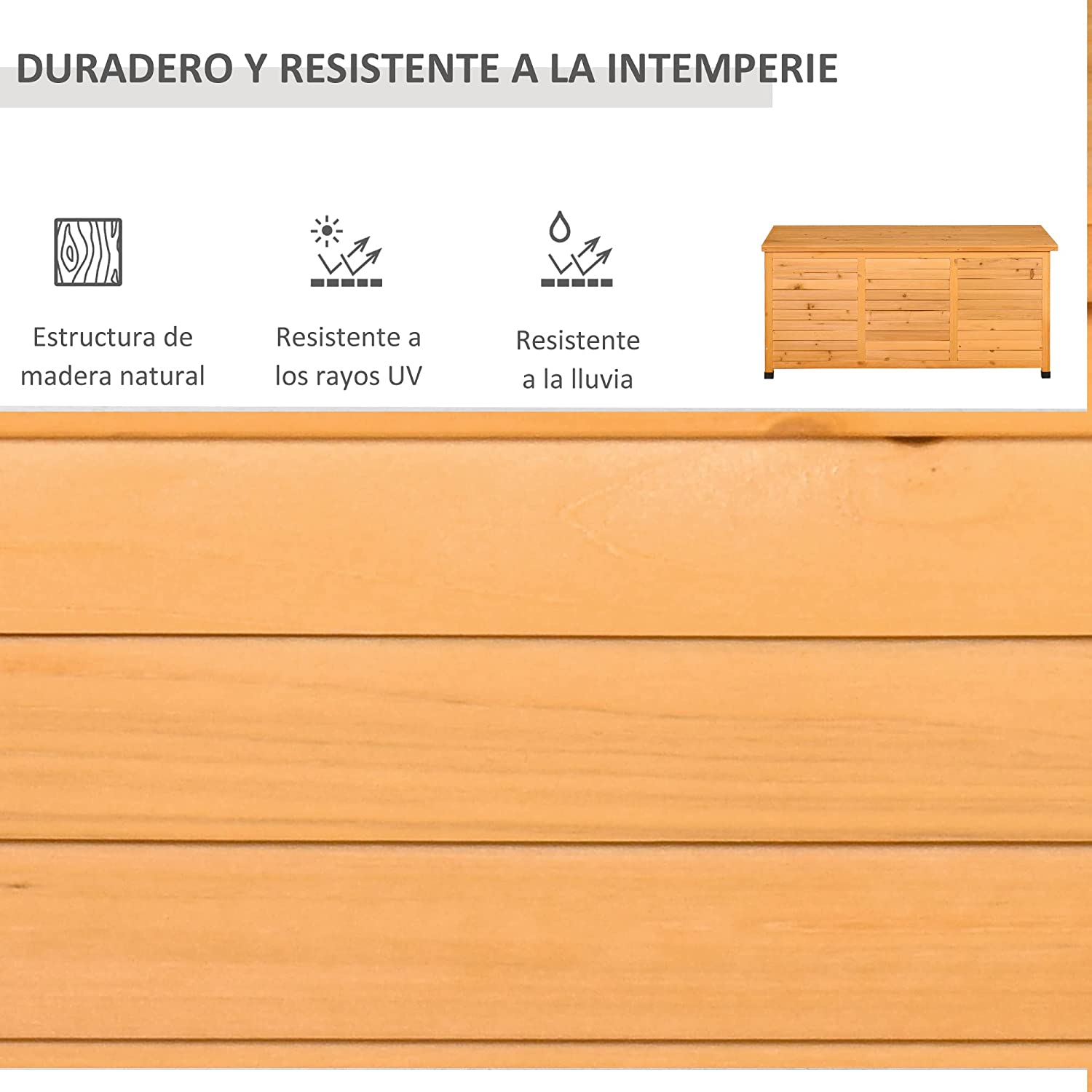 Duradera y resistente a la intemperie la Caja de Almacenamiento de Madera para Exterior con Tapa y Diseño tipo Persiana 127x56x60 cm Color natural. Vista general con tapa abierta. Outsunny