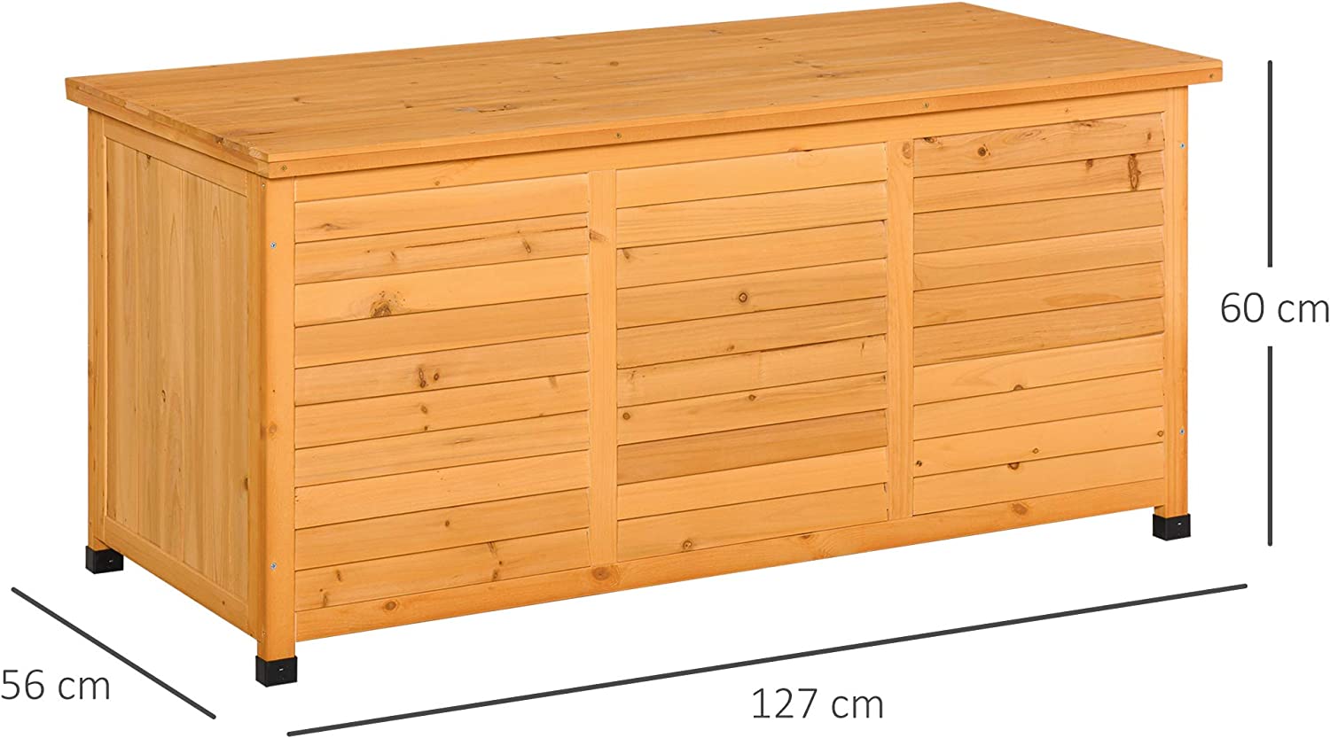 Medidas de la Caja de Almacenamiento de Madera para Exterior con Tapa y Diseño tipo Persiana 127x56x60 cm Color natural. Vista general con tapa abierta. Outsunny
