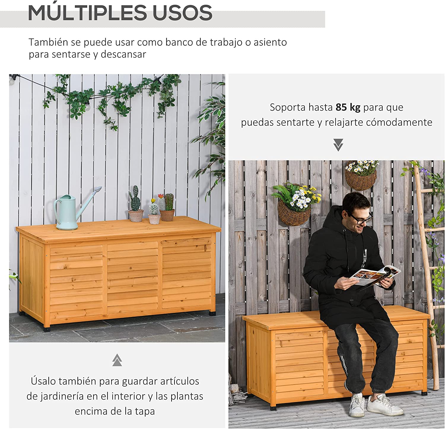 Caja de Almacenamiento de Madera para Exterior con Tapa y Diseño tipo Persiana 127x56x60 cm color Natural. Vistas en ambiente con diferentes usos. Outsunny