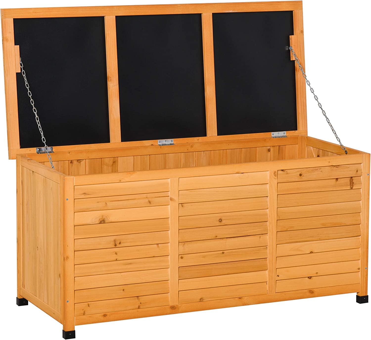Caja de Almacenamiento de Madera para Exterior con Tapa y Diseño tipo Persiana 127x56x60 cm Color natural. Vista general con tapa abierta. Outsunny