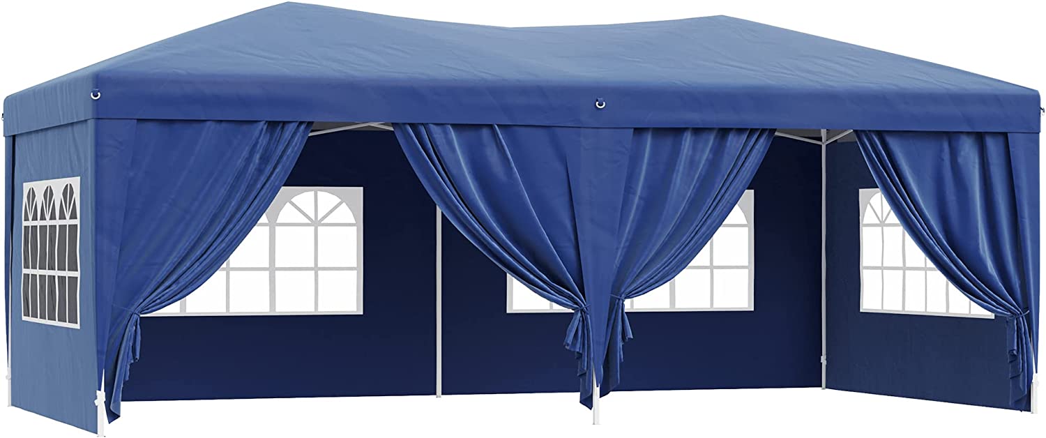 Carpa Plegable en Acordeón 4 Paneles Laterales 2 Cortinas +Bolsa Transporte 6x3 m Azul. Vista frontal. Outsunny