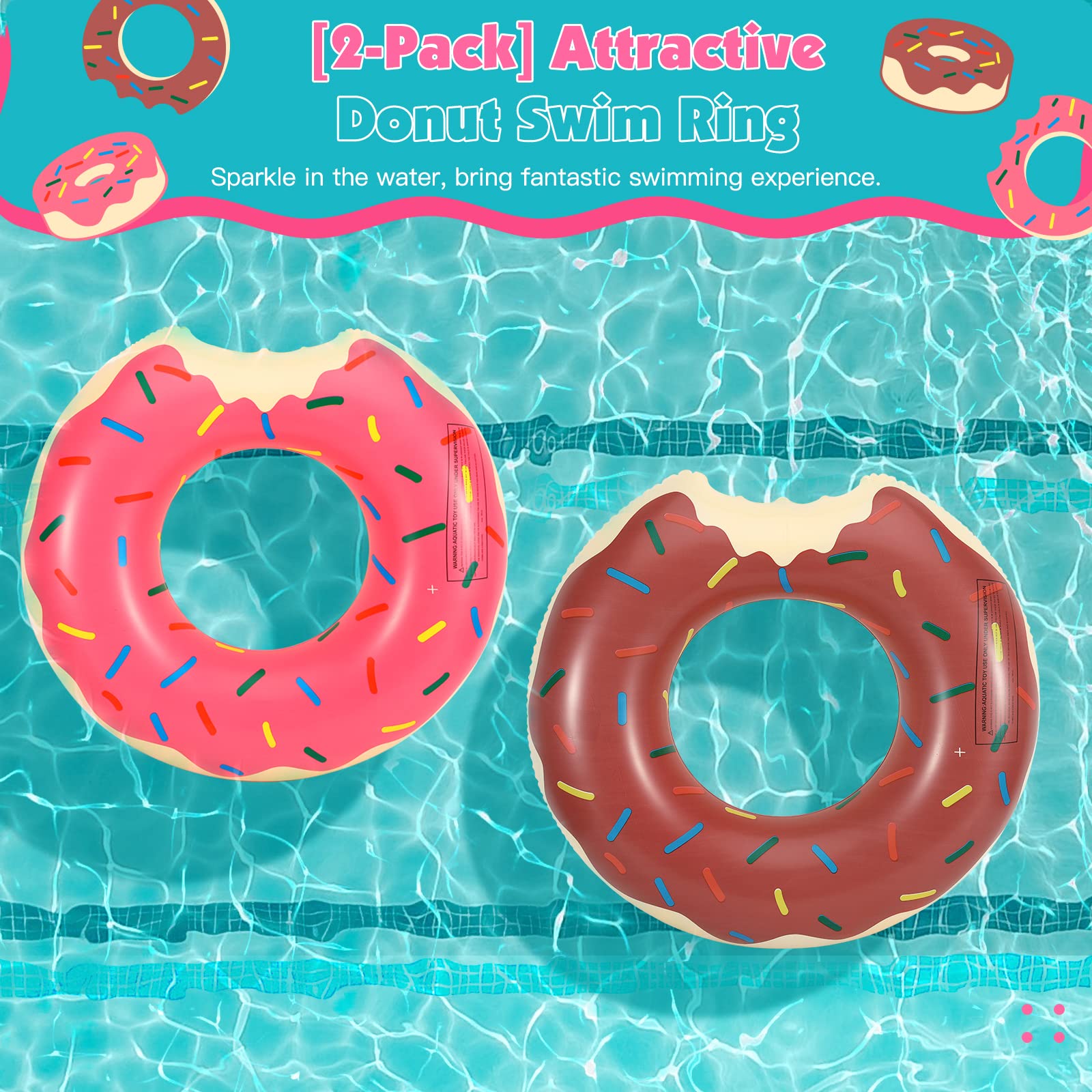 Pack de 2 flotadores Infantiles color chocolate y fresa con diseño de donut mordido en piscina en vista cenital