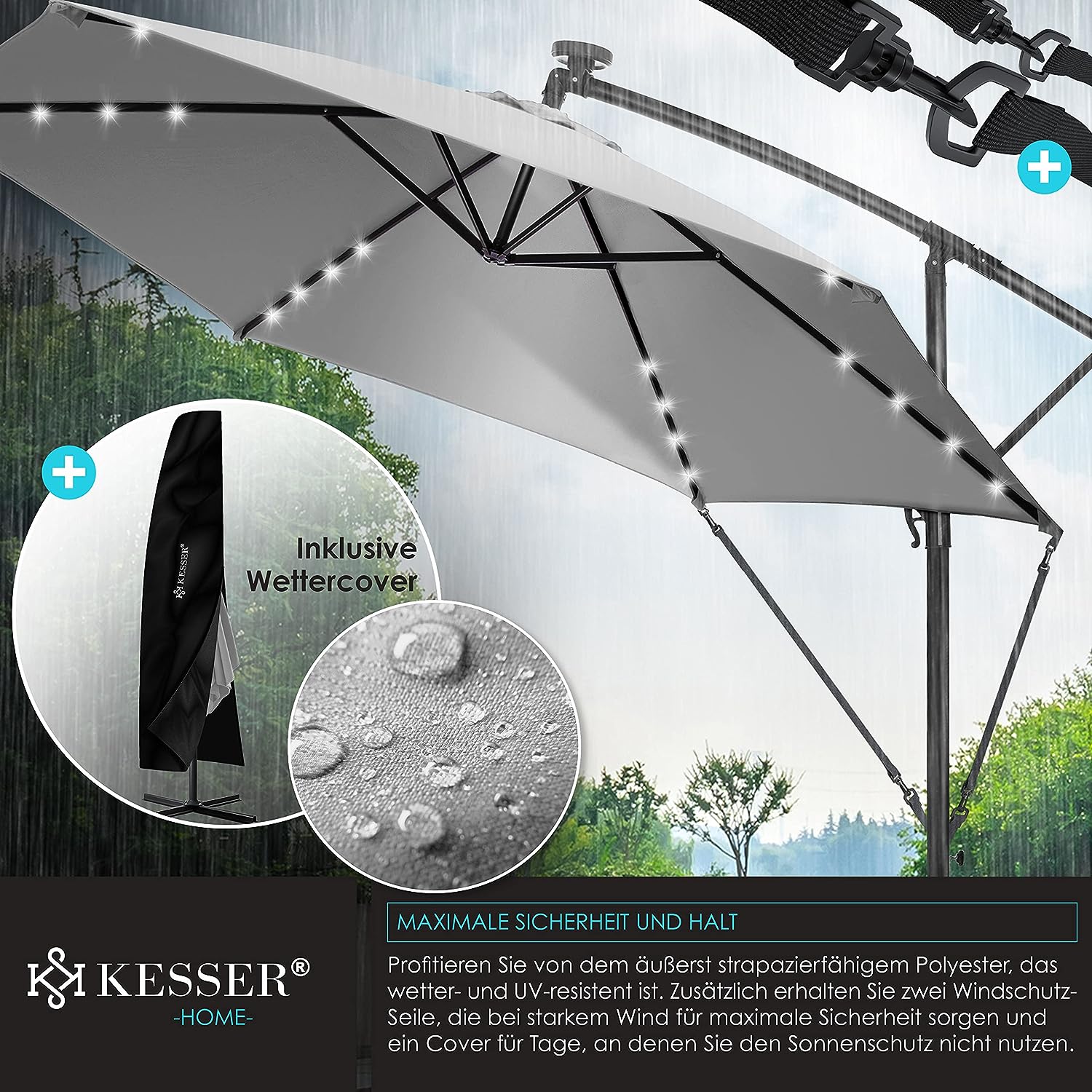 Materiales resistentes al agua de la Sombrilla con luz de LED Solar Ø300 cm / Ø350 cm + Funda con Mecanismo de manivela con Interruptor on/Off protección UV Aluminio Impermeable de jardín. KESSER®