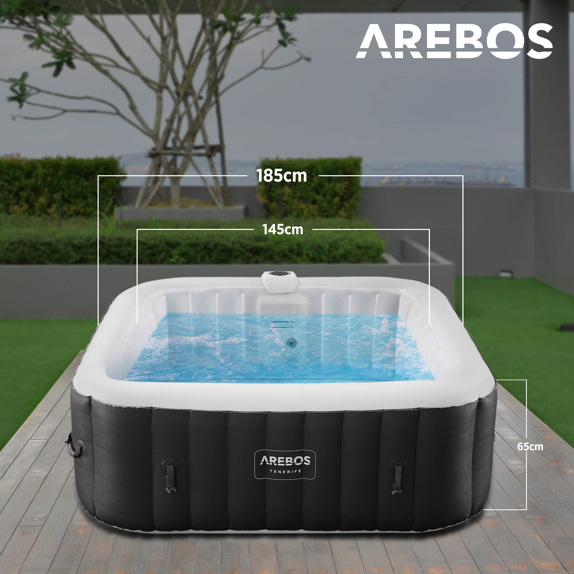 Medidas del SPA Hinchable Whirlpool de 185x185cm con Cubierta y Luz LED Arebos en bonito patio.