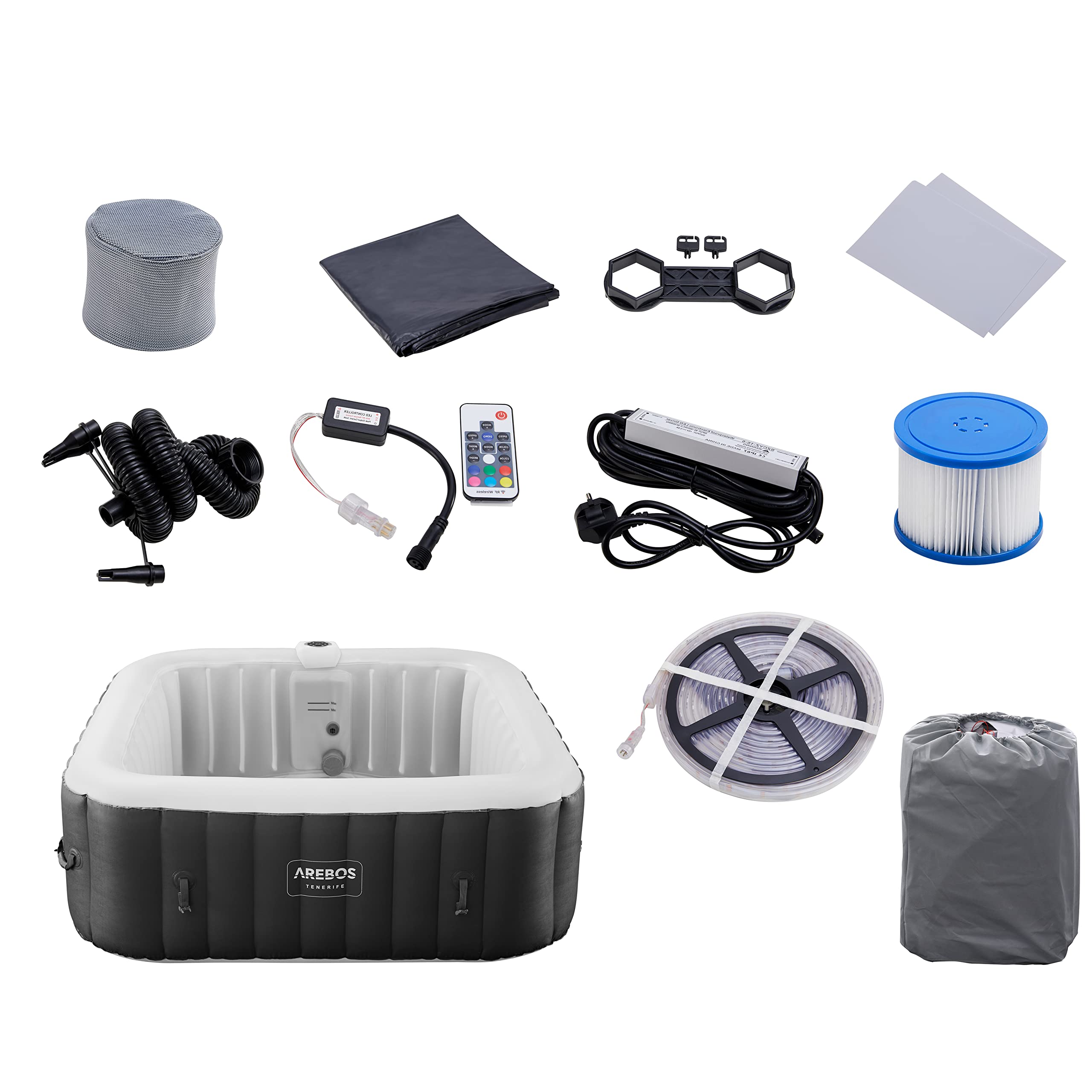 Muestra completa de accesorios y SPA Hinchable Whirlpool de 185x185cm con Cubierta y Luz LED Arebos sobre fondo blanco