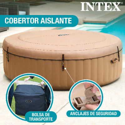 Detalle del cobertor y anclajes del spa hinchable Intex beige para 8 Personas en terraza con piscina