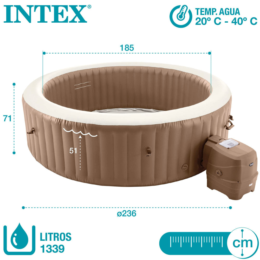 Medidas, capacidad y rango de temperaturas del spa hinchable Intex beige para 8 Personas sobre fondo blanco