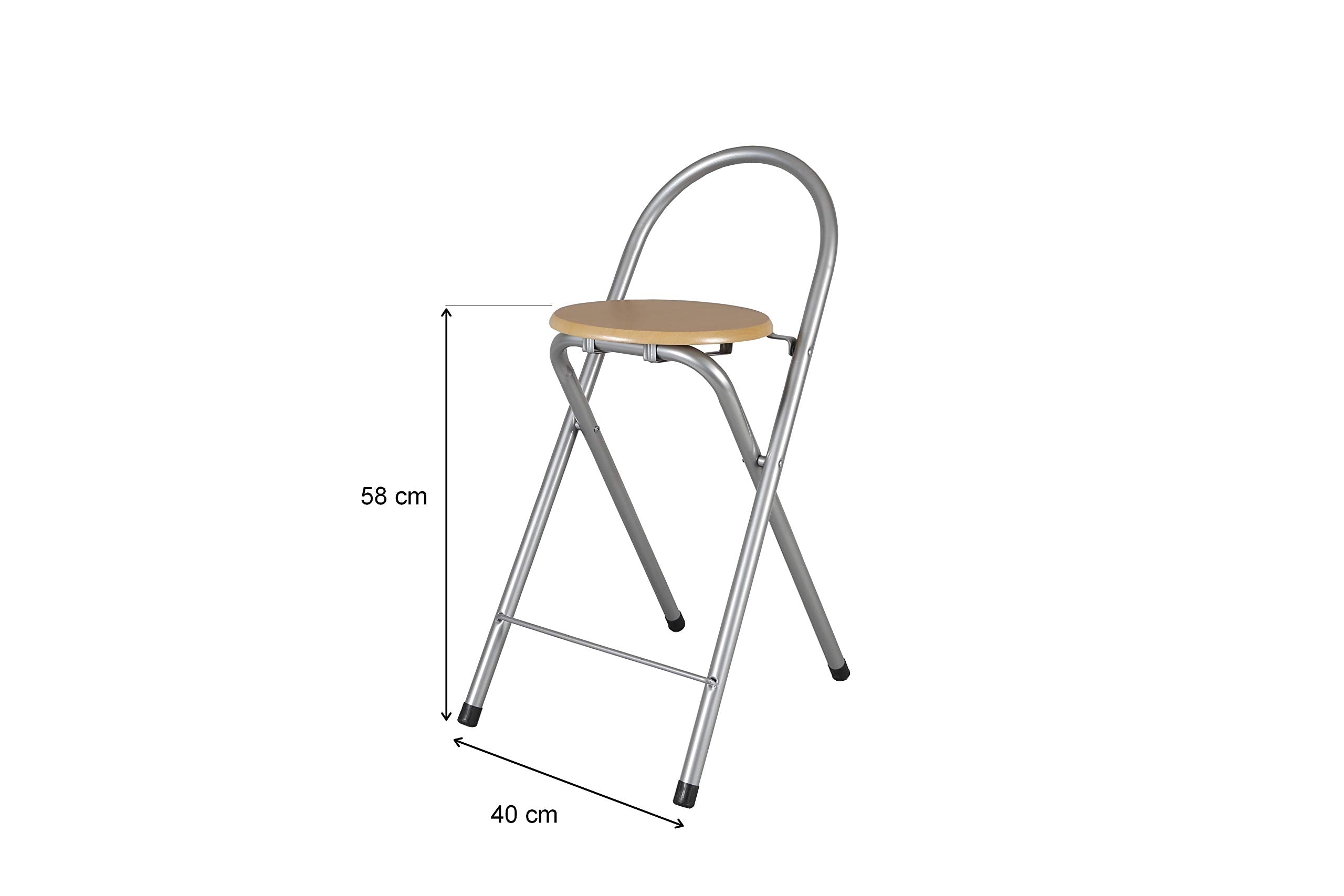 Medidas en altura y anchura del taburete plegable de estructura metálica y asiento de madera Bolata sobre fondo blanco