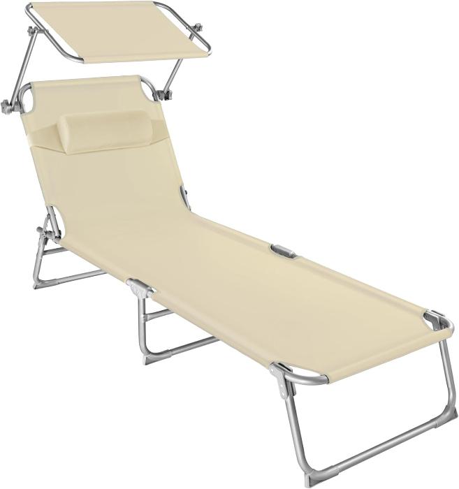 Tumbona de Playa con Parasol, Respaldo Ajustable 4 Posiciones, Reposacabezas Extraíble, Exterior Piscina Terraza Jardín Beige TecTake
