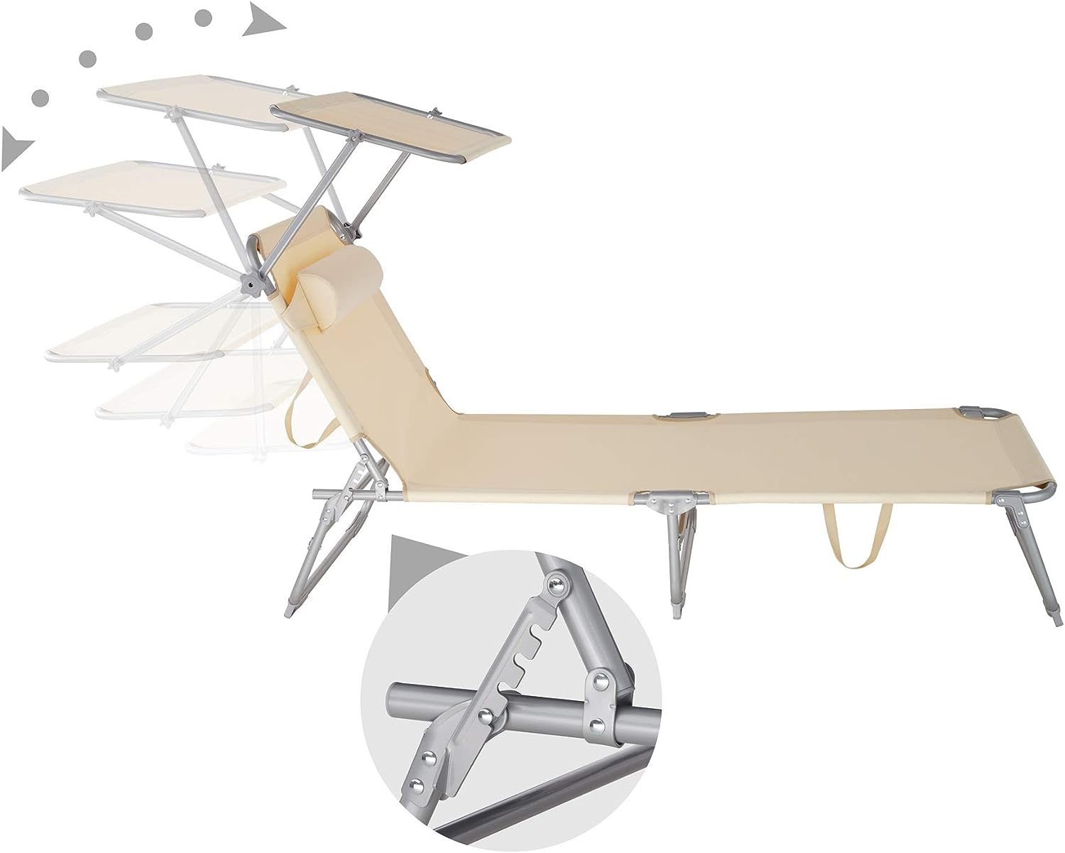 Posiciones de parasol ajustable de la tumbona de Playa con Parasol, Respaldo Ajustable 4 Posiciones, Reposacabezas Extraíble, Exterior Piscina Terraza Beige | 800773 TecTake