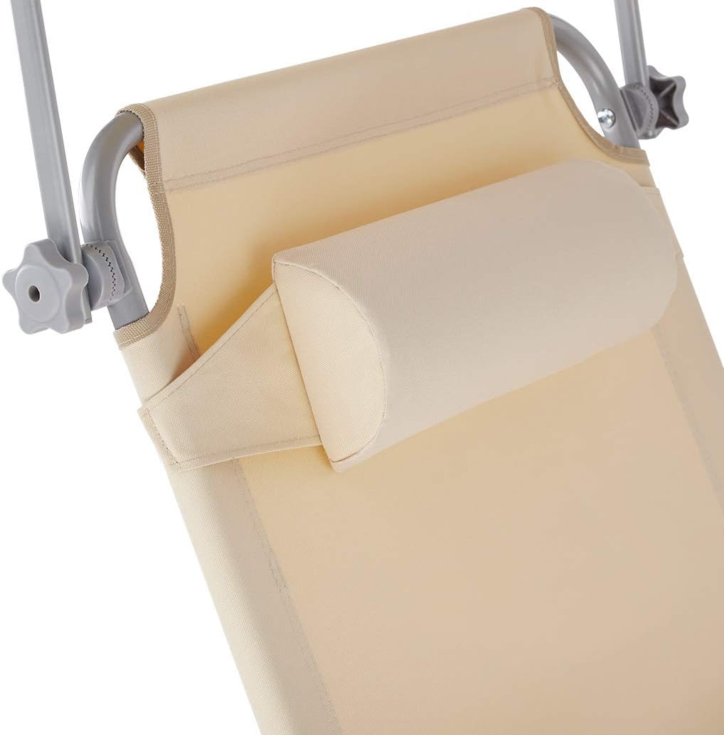 Detalle de reposacabezas de tumbona del Set 2 Tumbonas de Playa con Parasol, Respaldo Ajustable 4 Posiciones, Reposacabezas Extraíble, Exterior Piscina Terraza Beige | 800773 TecTake