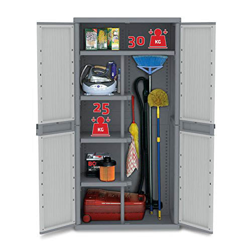 Armario Exterior 2 Puertas, Divisor Vertical, 4 Estantes Internos, Gris, 89,7x53,7x180 cm. Jumbo 3900 UW. Terry. Detalle puertas abiertas peso admitido estante largo y corto