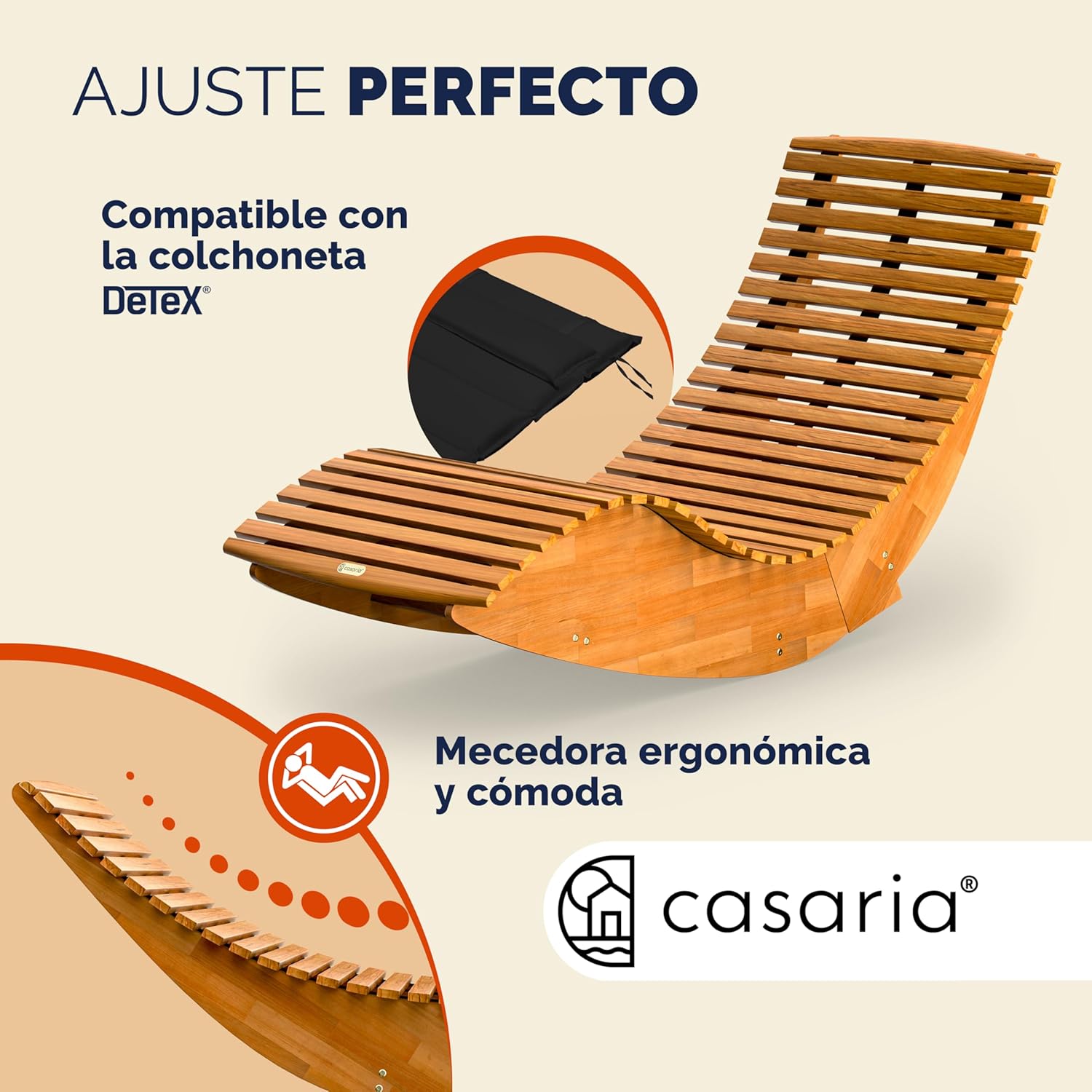 Tumbona Mecedora ergonómica para jardín en Madera de Acacia certificada FSC 150x60x93 cm. Casaria