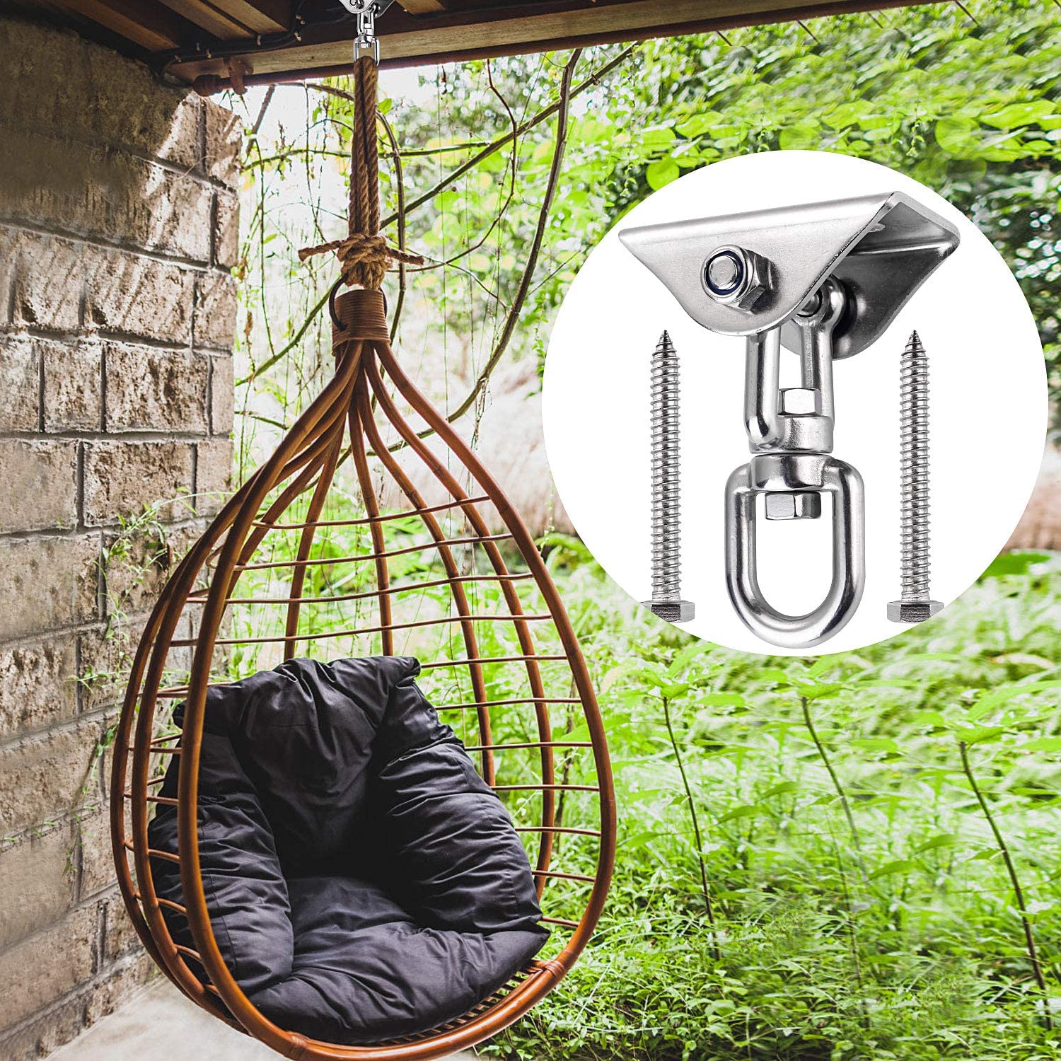 Bonita silla colgante en patio con jardín sujeta con los Ganchos de Techo hasta 500 Kg, SUS304 Stainless Steel, 360° Rotación Anclaje de Techo, 4 Tornillos para Hormigón, Hamaca y Columpios. Ulikey