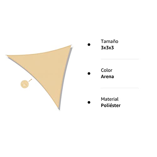 Toldo Vela de Sombra Triangular 3x3x3 m Impermeable a Prueba de Viento protección UV para Patio, Jardín, Exteriores, Terraza, Color Arena SUNNY GUARD