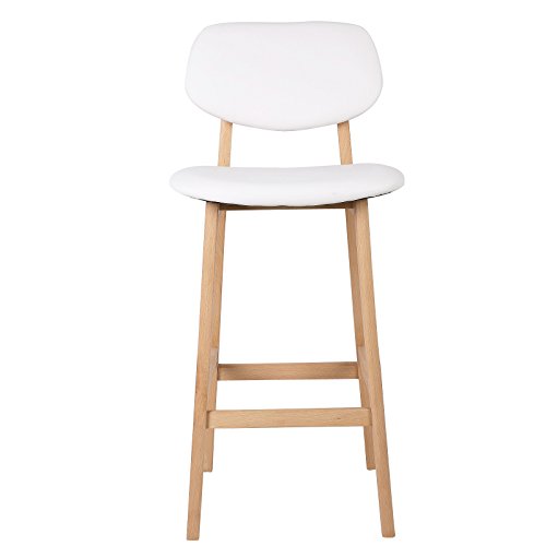 Vista frontal de silla alta del Juego de 2 taburetes de moderno diseño nórdico de madera acolchados con polipiel blanco para cocina. WOLTU