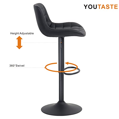 2 Taburetes de Bar Tapizado en Piel para Cocina con Respaldo Ajustable en Altura y Giratorio en color Negro. Perfil con detalle de giro. YOUTASTE