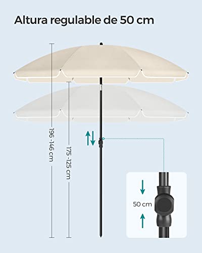 Altura regulable hasta 196 cm de altura de la Sombrilla de playa plegable 160 cm, UPF 50+, Inclinación Bidireccional de 30°, Altura Ajustable, con Bolsa de Transporte, también para Balcón Jardín Terraza, sin Base, color Beige GPU60WTV1 - SONGMICS