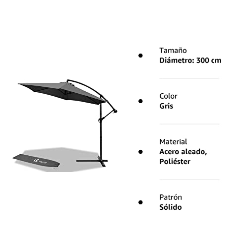 Características del Parasol Excéntrico de 300 cm. para Jardín con Manivela y Funda Protectora, Protección UV, Gris. VOUNOT