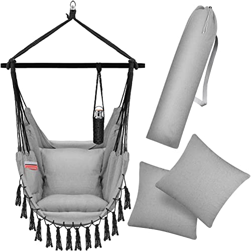 Silla Colgante con 2 Cojines, portabebidas y Compartimento para Libros. Adultos y niños, resiste hasta 150 kg, para Interior y Exterior, Grigio. KESSER®