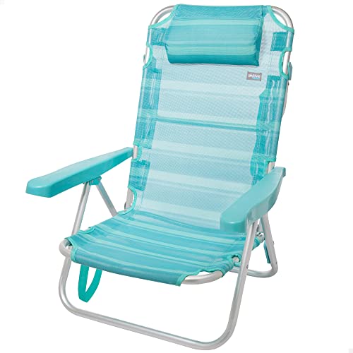 Silla plegable de playa con cojín, 5 posiciones hasta horizontal, 48x45,5x84 cm, altura del asiento 21 cm, peso máx 100 kg, estructura reforzada, aluminio y PVC. 53963 Aktive