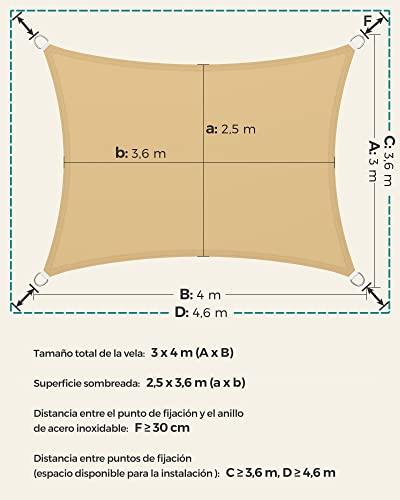 Vela de Sombra de 3x4 m, Impermeable con Columna de Agua de 665 mm, Protección Solar, Protección UV 93%, Terraza, Jardín, Balcón, Rectangular, Cuerdas de 2 m, Amarillo Arena GSH34EY. SONGMICS