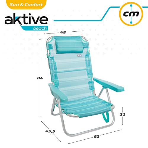 Medidas de la Silla plegable de playa con cojín, 5 posiciones hasta horizontal, 48x45,5x84 cm, altura del asiento 21 cm, peso máx 100 kg, estructura reforzada, aluminio y PVC. 53963 Aktive