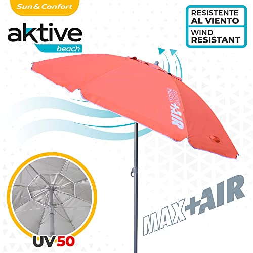 Resistencia al viento de la Sombrilla de playa Grande Antiviento Ultrarresistente, Mástil inclinable, Incluye bolsa de almacenamiento con asa de transporte, Sombrilla playa grande color coral. 62245 - AKTIVE